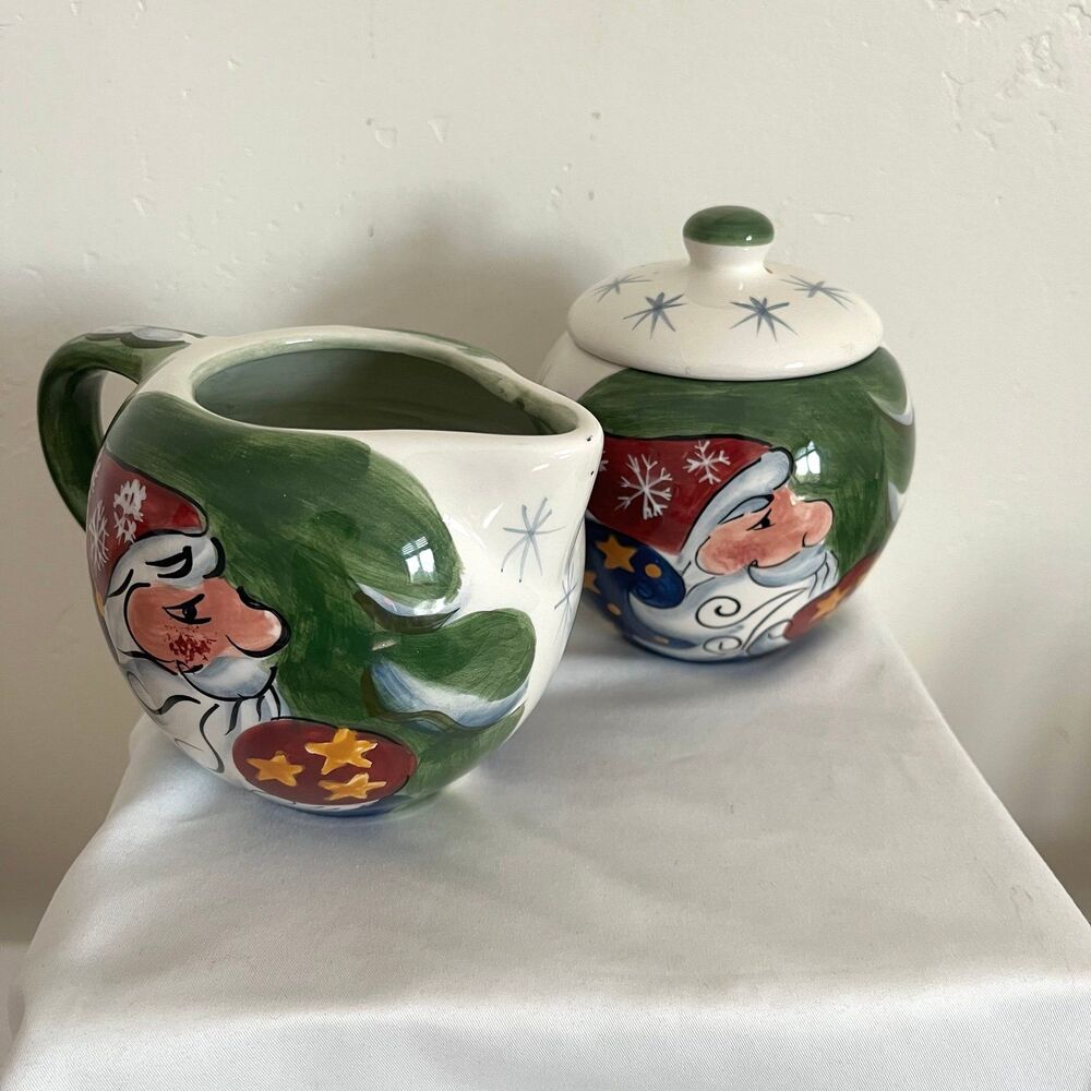 Tabletops Unlimited Jolly Santa Sugar and Creamer Set Hand Painted Christmas
